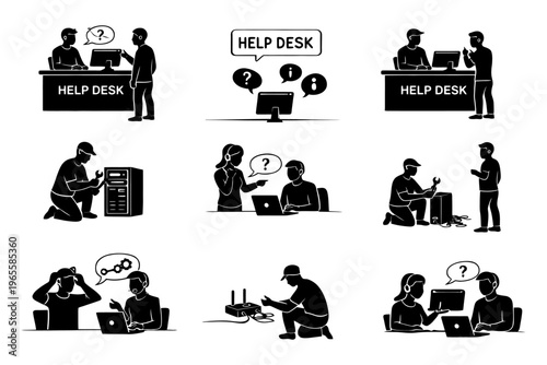 Help desk scenes with technicians and customers engaged in problem solving and computer repair.