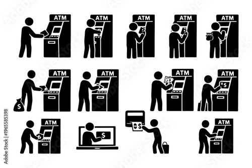 Stick figures using atm machines in various banking transactions and situations.