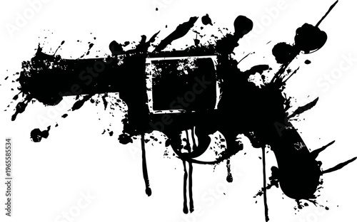 abstract black ink splatter silhouette of a handgun with dripping paint effect