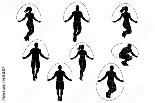 Silhouette of diverse people jumping rope in different poses.