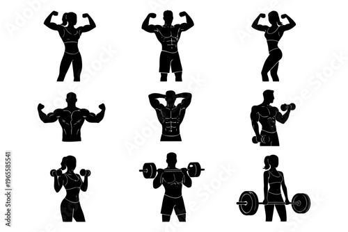 Silhouettes of muscular men and women in various fitness poses.