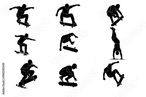 Silhouettes of male skateboarders performing tricks and stunts.