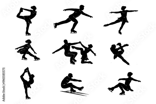 Silhouette figures performing various ice skating moves.