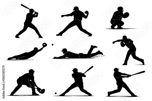 Silhouettes of baseball players in dynamic action poses.