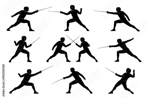 Silhouette of fencers in various poses engaged in dynamic combat stances.