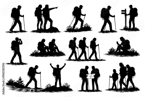 Silhouettes of hikers: exploring nature and adventure in various poses.