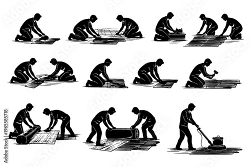 Silhouettes of men installing flooring materials: a step-by-step guide.