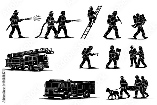 Silhouette firefighters in action with trucks, ladder, and rescue dog.