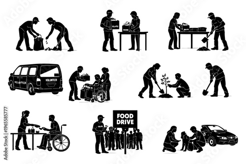 Silhouettes of diverse volunteers engaged in various community service activities.