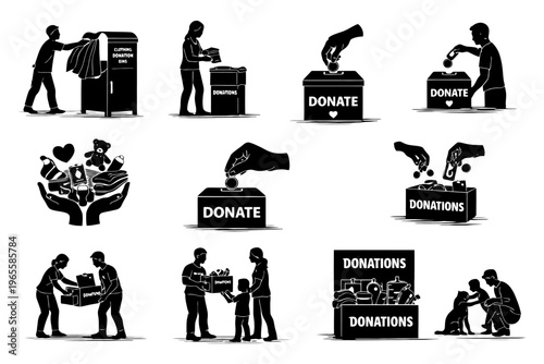 Silhouettes of people donating and collecting donations in various activities.