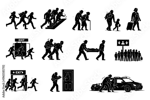 Silhouette figures in various emergency and travel scenarios.