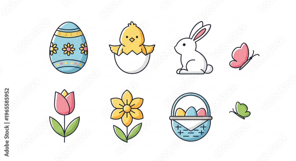 Fototapeta premium Easter icons set including eggs bunny chick butterfly tulip daffodil and basket with colorful eggs on white background