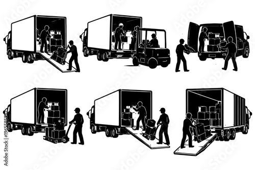 Silhouette illustrations of workers loading and unloading trucks with forklifts and pallets.