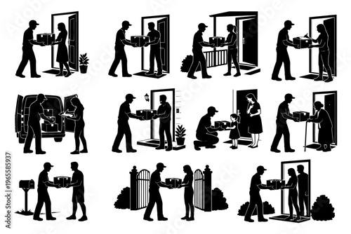 Silhouette illustrations of delivery couriers interacting with diverse customers.