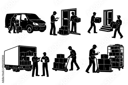 Silhouettes of delivery workers handling packages and vans for transport and logistics.