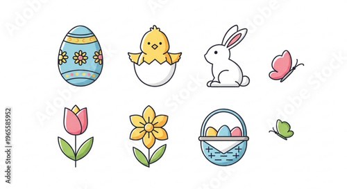 Easter icons set including eggs bunny chick butterfly tulip daffodil and basket with colorful eggs on white background