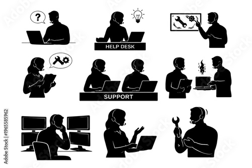 Silhouette illustrations of it support and help desk interactions.