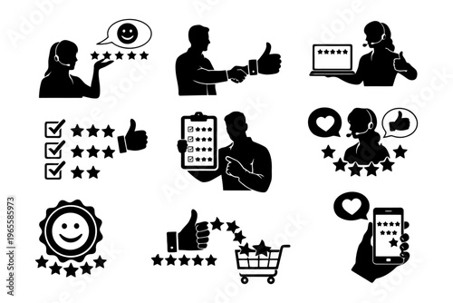 Customer satisfaction icons: reviews, ratings, and support silhouettes.