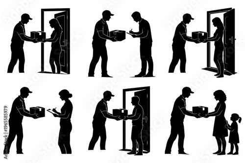 Silhouettes of delivery men interacting with diverse recipients at doorsteps.