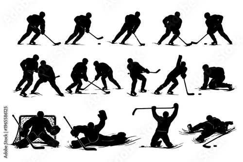 Silhouettes of hockey players in action poses on ice rink.
