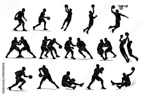 Silhouette illustrations of male basketball players in action poses.