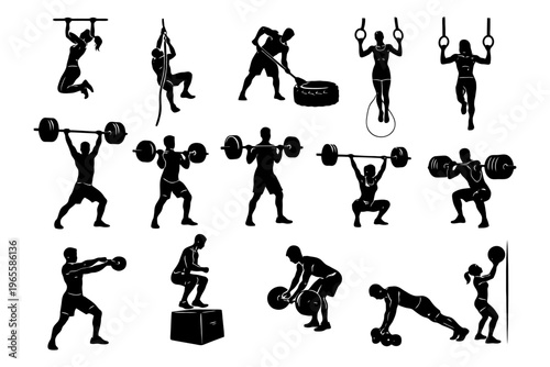 Silhouettes of diverse athletes in various fitness and workout activities.