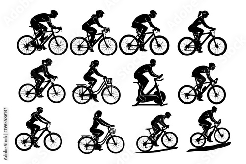 Silhouetted cyclists and fitness enthusiast riding bicycles and exercise bike.