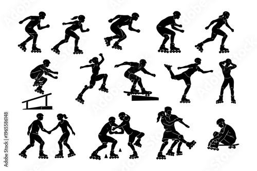Silhouettes of skaters in various dynamic rollerblading poses.