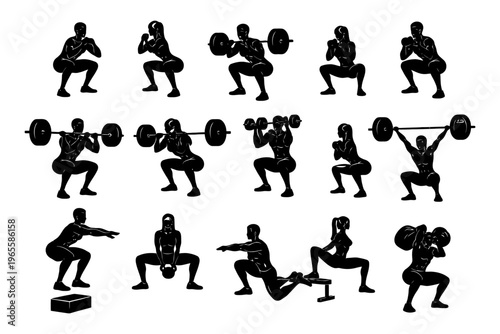 Silhouettes of diverse individuals performing various weightlifting and fitness exercises.
