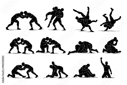 Silhouette illustrations of wrestling moves in pair formations.