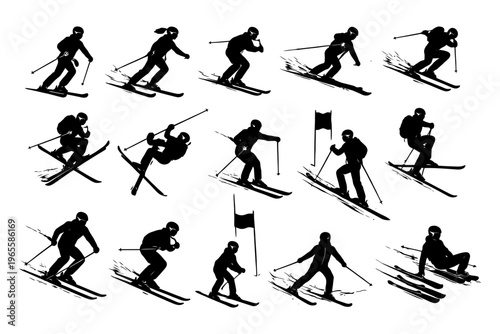 Silhouette collection of diverse skiers in dynamic action poses.