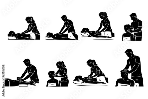Silhouette illustration of massage therapy techniques by male and female therapists.