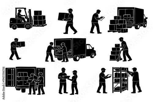 Silhouettes of warehouse workers and delivery trucks handling packages.