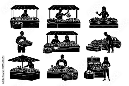 Farmers market scenes with various vendors and diverse shoppers.