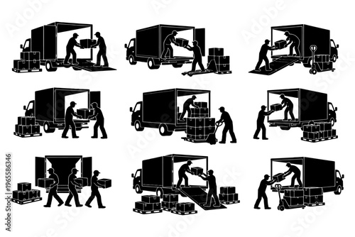 Silhouette illustrations of workers loading and unloading trucks with boxes.