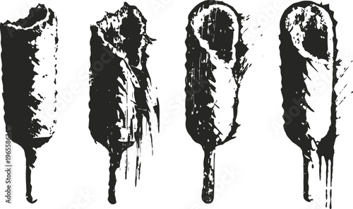 Bitten corn dogs silhouette set snack food on stick in black and white fast food classic street cuisine illustration