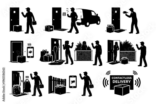 Male delivery person illustrating contactless package drop-off and pickup process.