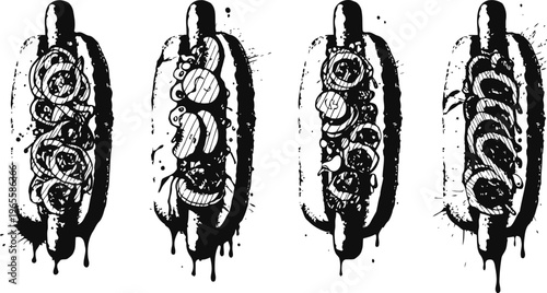 Hot dog varieties with mustard, ketchup, onions, tomatoes, olives, and pickles illustration in black and white ink