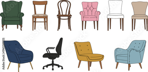 Chair, collection, furniture, set, armchair, wooden, modern, classic, office, seating, interior, design, vintage, sofa, home, decor, stylish, comfort, vector, illustration