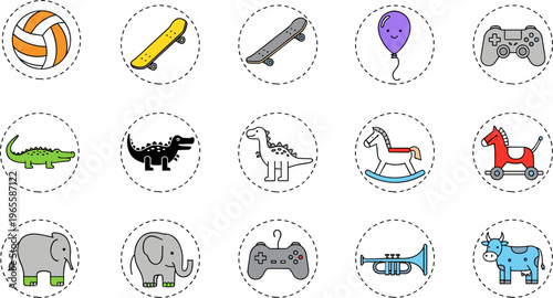 Cartoon outline icon set with toys, animals, sports items and gadgets, playful doodle vector collection for kids education design