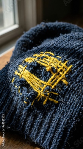 A warm, blue knit hat is laid flat on a wooden table. The hat features detailed yellow stitching, catching gentle sunlight from a nearby window, enhancing its textured beauty and charm.