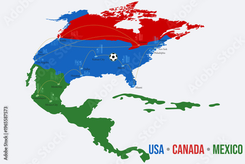 фотографія North America map with USA Canada Mexico in flag colors and soccer ball, football tournament concept