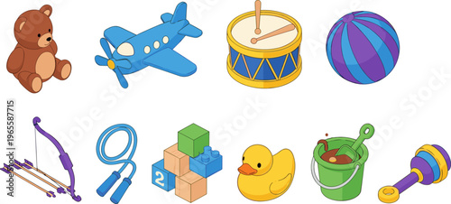 Colorful kids toy collection with teddy bear, airplane, drum, ball and play objects, cute cartoon vector illustration set design
