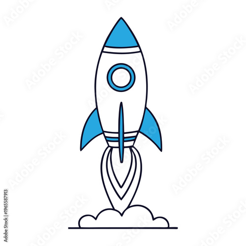 Startup rocket launch icon representing business success, minimal flat style, abstract technology background. white background