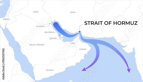 Strait of Hormuz map with oil trade routs  in the Middle East connecting the Persian Gulf and Gulf of Oman.