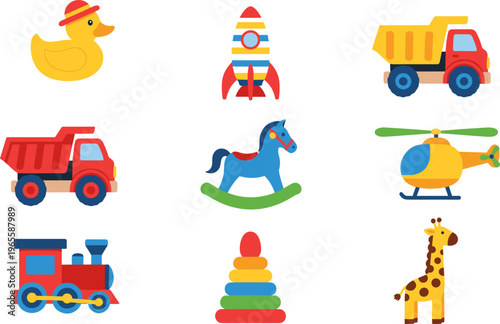 Colorful kids toy icon set with vehicles, animals, rocket and stacking rings, cute flat vector illustration collection for children