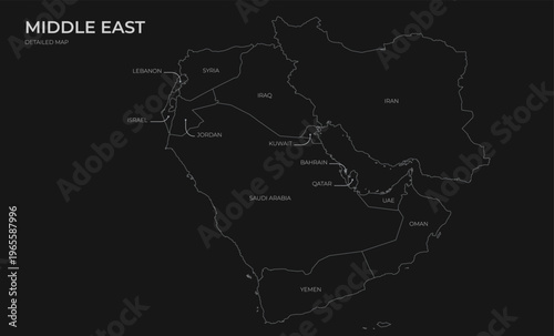 Detailed map of the Middle East highlighting various countries.