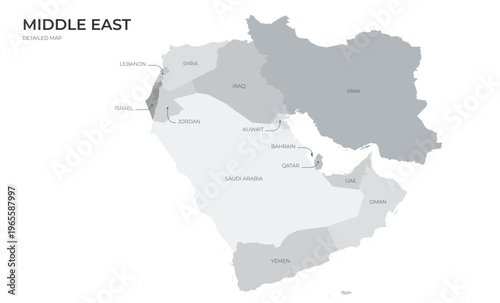 Detailed map of the Middle East highlighting various countries.