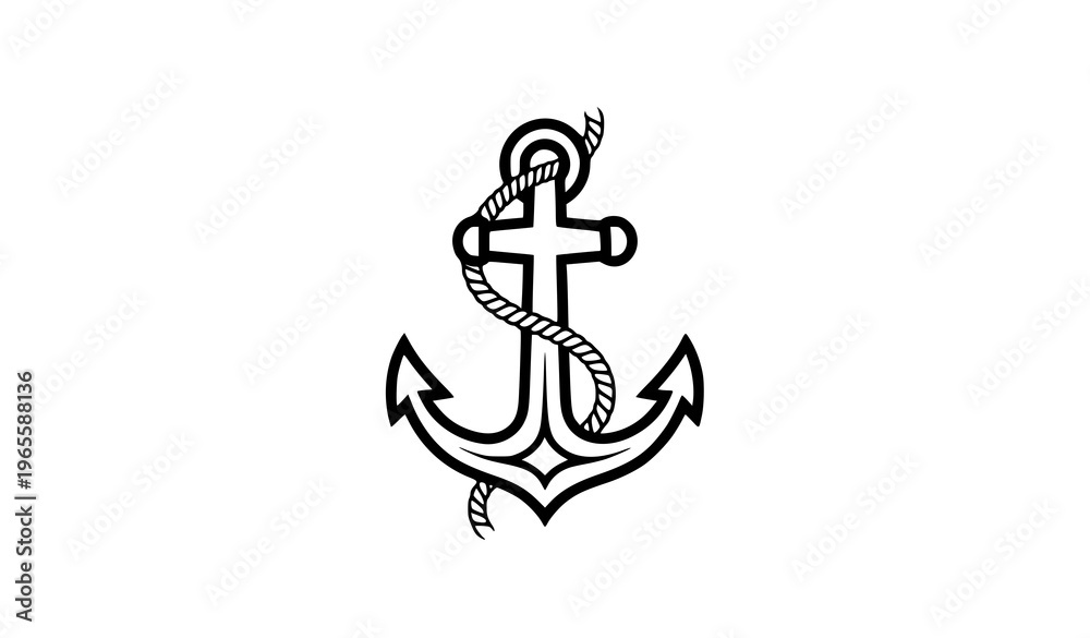 Naklejka premium Anchor with rope, minimal vector line art, centered, clean outline, white background, no shading, logo style