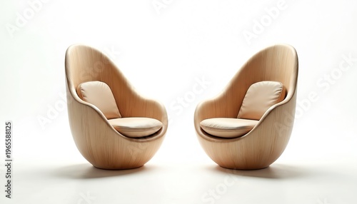Two beige egg-shaped wooden chairs with light cushions face outward on white background. Organic curved furniture design. Modern comfortable seating objects. Natural material chairs in studio.